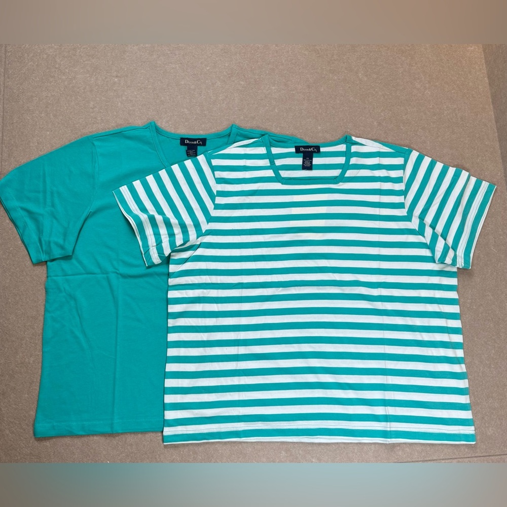 #A78982 Denim & Co. Set of 2 Solid & Stripe Square Neck T-Shirts NWT Sea Green